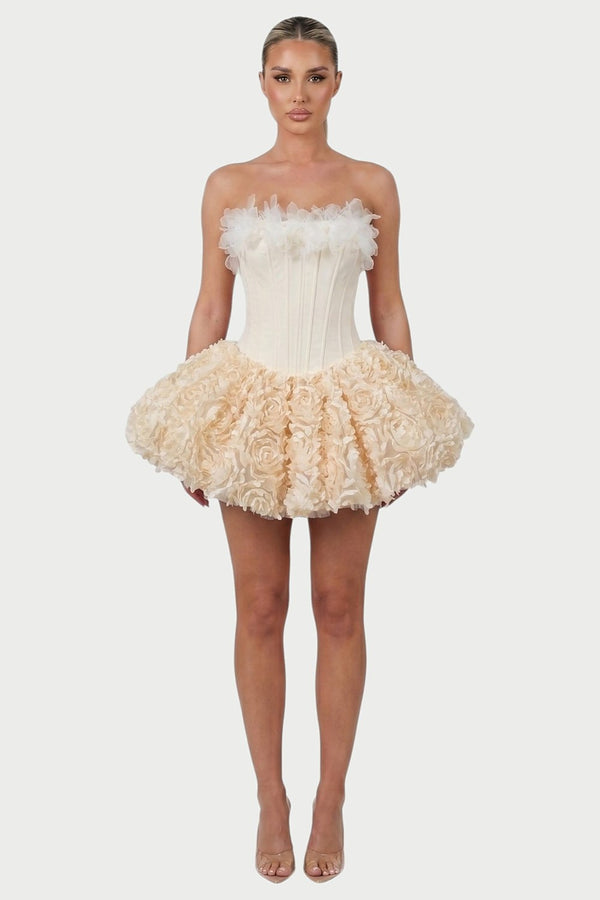 Thalia Strapless Floral Ruffle Mini Dress in Apricot – front