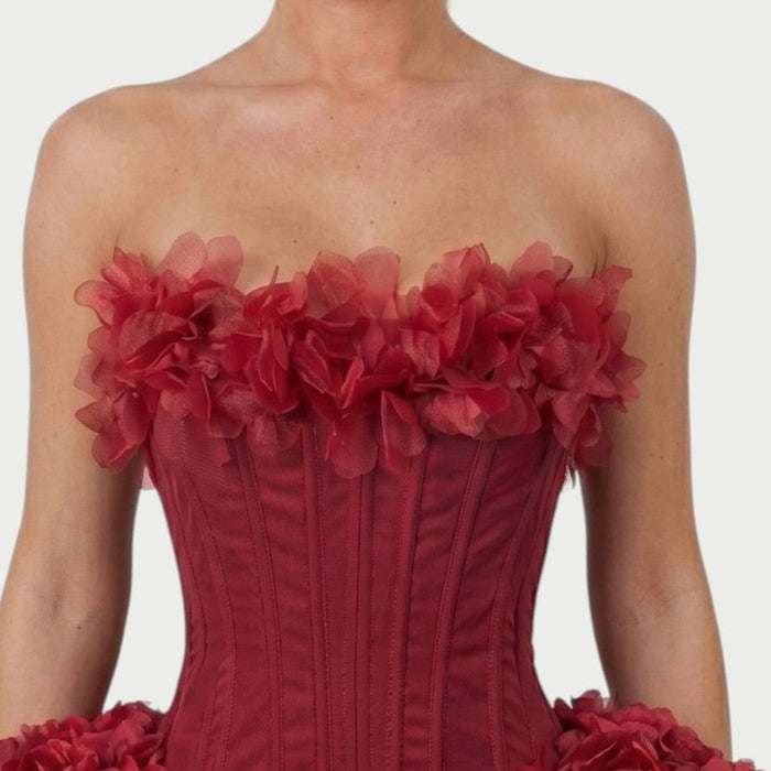 Thalia Strapless Floral Ruffle Mini Dress – 3D floral appliqué trim detail, Claret