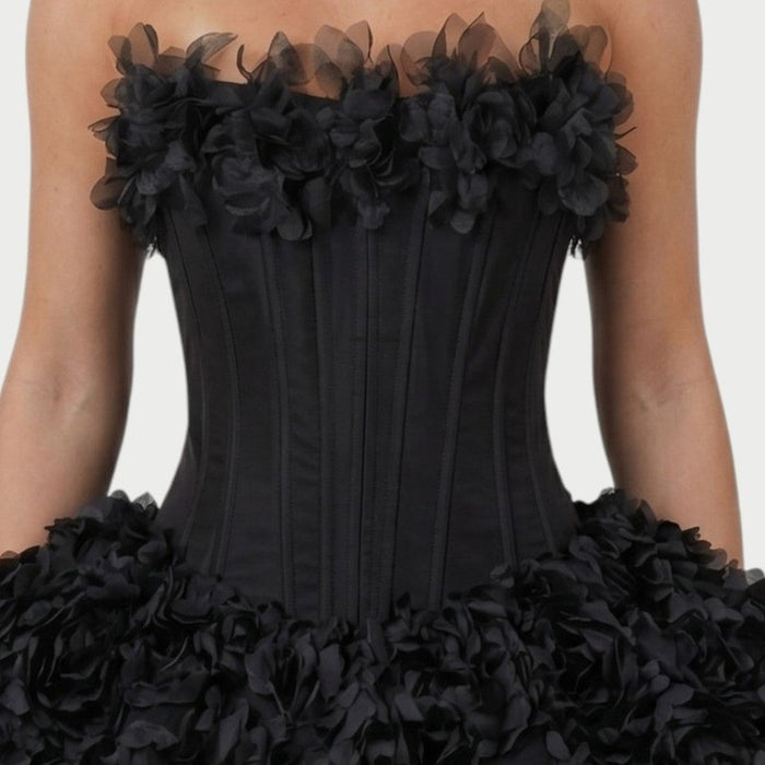 Thalia Strapless Floral Ruffle Mini Dress – boned corset bodice detail, Black