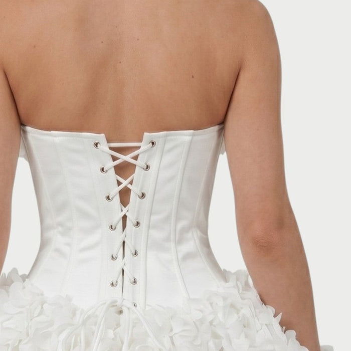 Thalia Strapless Floral Ruffle Mini Dress – lace-up back detail, White