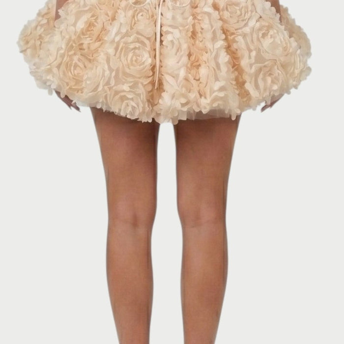 Thalia Strapless Floral Ruffle Mini Dress – ruffle rosette skirt detail, Apricot