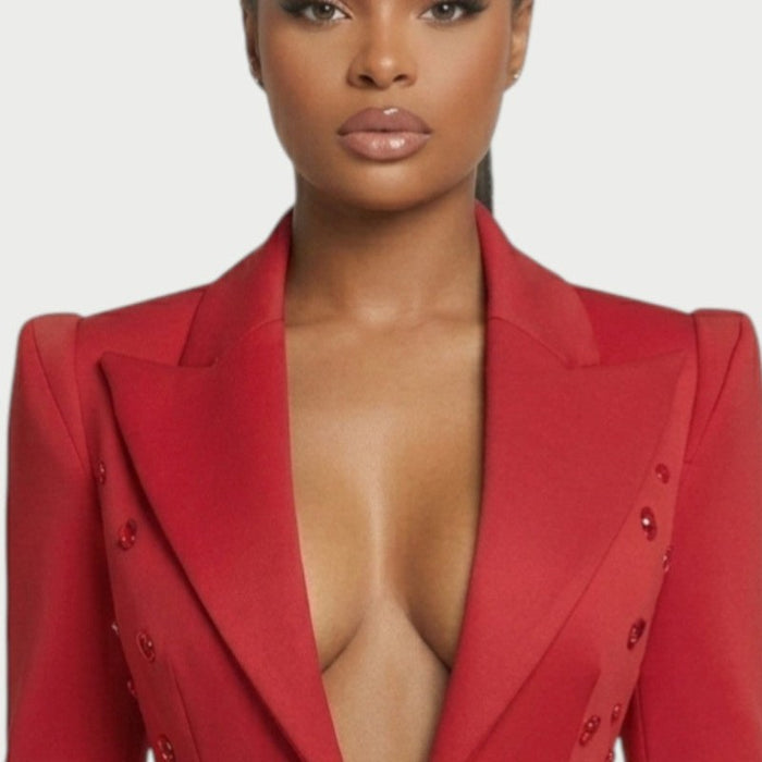 Deep plunge and wide lapels on the Vesper blazer mini dress in Red