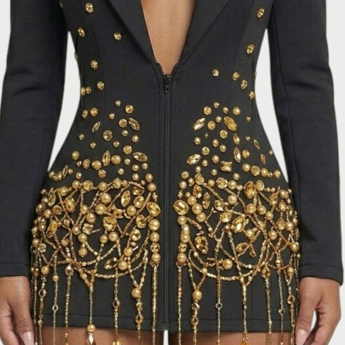 Gold crystal fringe and front zip on the Vesper blazer mini dress in Black Gold